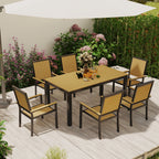6 Seater Garden Dining Set with Stackable Chairs, Aluminium Frame, Rectangular Plastic Top, Garden Furniture Set, Outdoor Dining Table and Chairs for Patio, Balcony, Poolside, Nature Wood