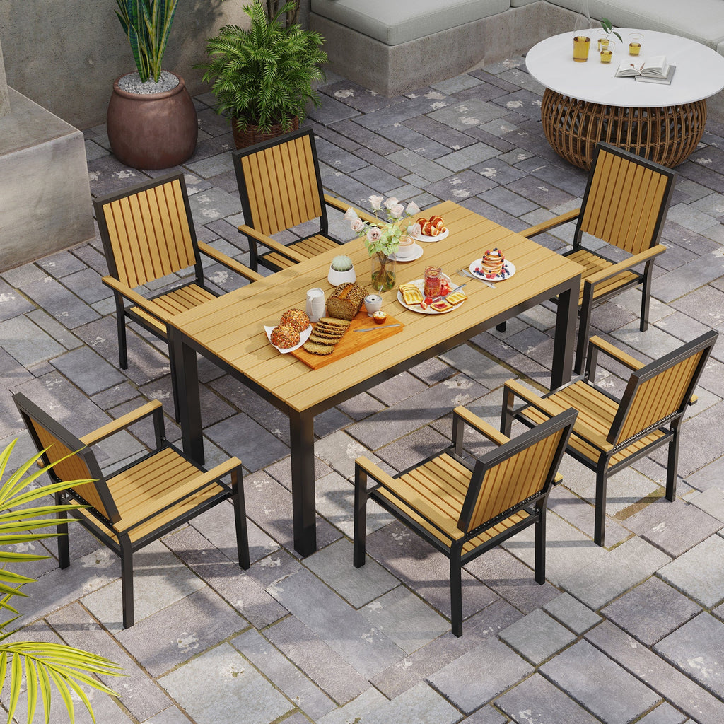 6 Seater Garden Dining Set with Stackable Chairs, Aluminium Frame, Rectangular Plastic Top, Garden Furniture Set, Outdoor Dining Table and Chairs for Patio, Balcony, Poolside, Nature Wood