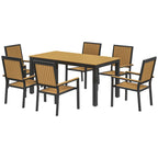 6 Seater Garden Dining Set with Stackable Chairs, Aluminium Frame, Rectangular Plastic Top, Garden Furniture Set, Outdoor Dining Table and Chairs for Patio, Balcony, Poolside, Nature Wood