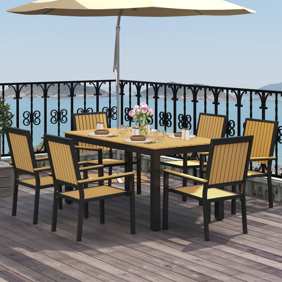 6 Seater Garden Dining Set with Stackable Chairs, Aluminium Frame, Rectangular Plastic Top, Garden Furniture Set, Outdoor Dining Table and Chairs for Patio, Balcony, Poolside, Nature Wood